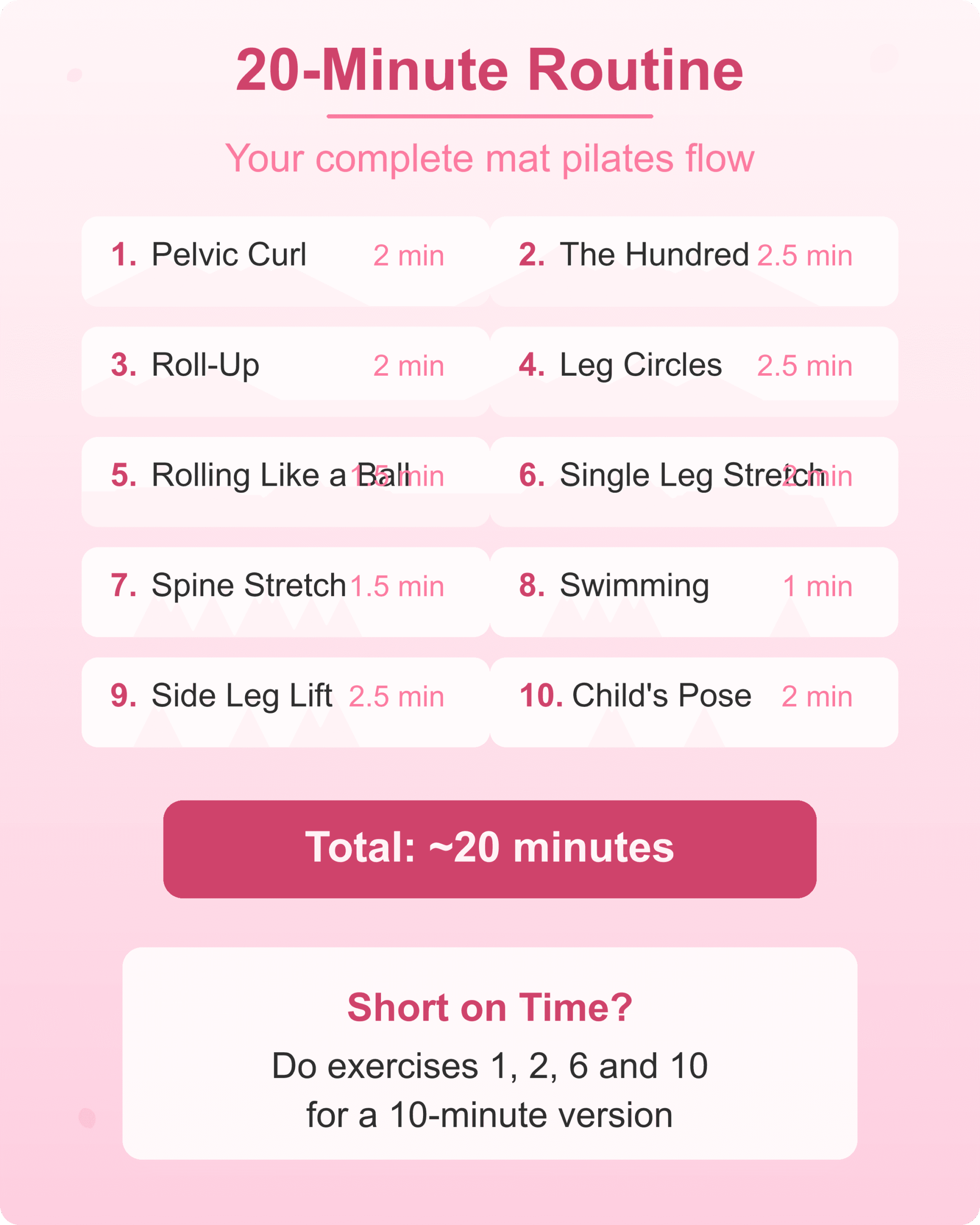 20-Minute Mat Pilates Routine Complete 20-minute mat pilates routine for beginners with exercise order and timing