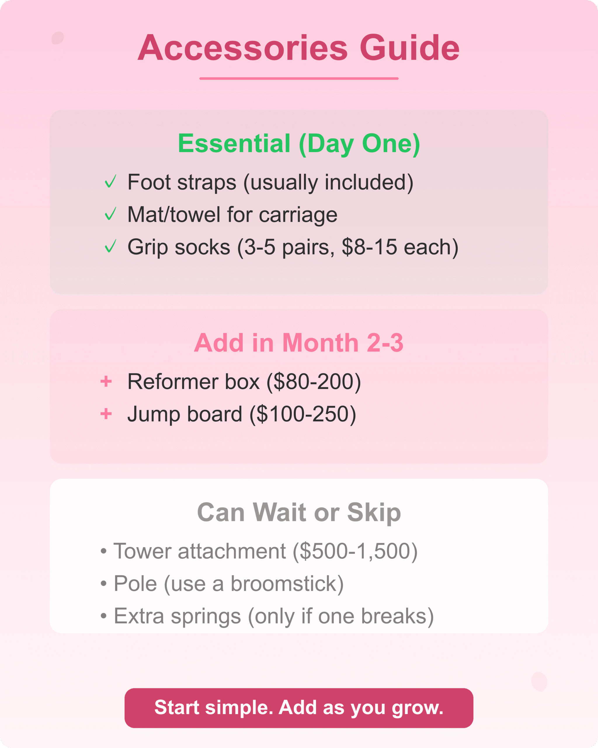 Essential vs optional accessories for home reformer pilates setup