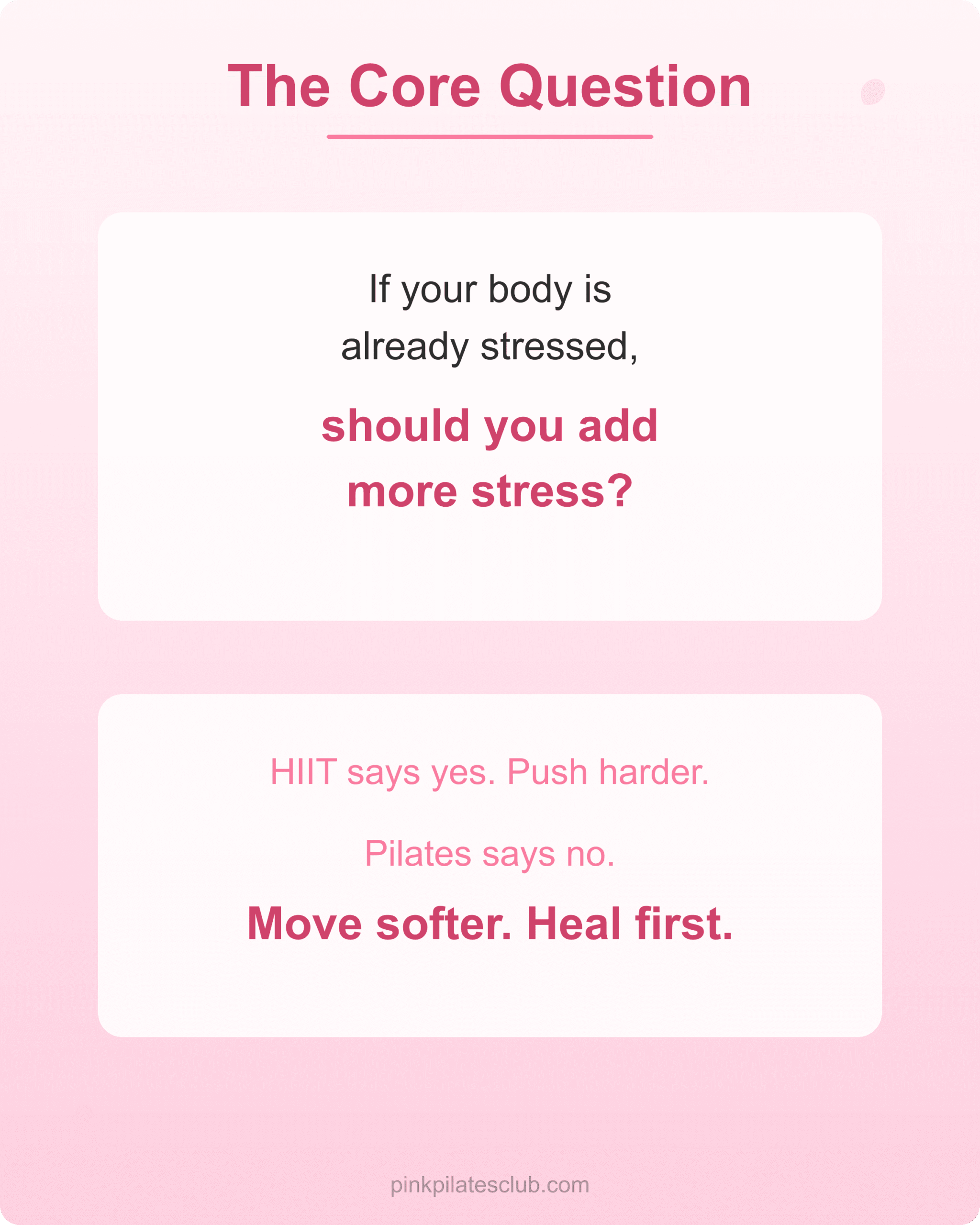 The Core Question: Gentle vs Intense The core question of gentle pilates vs HIIT for stressed women