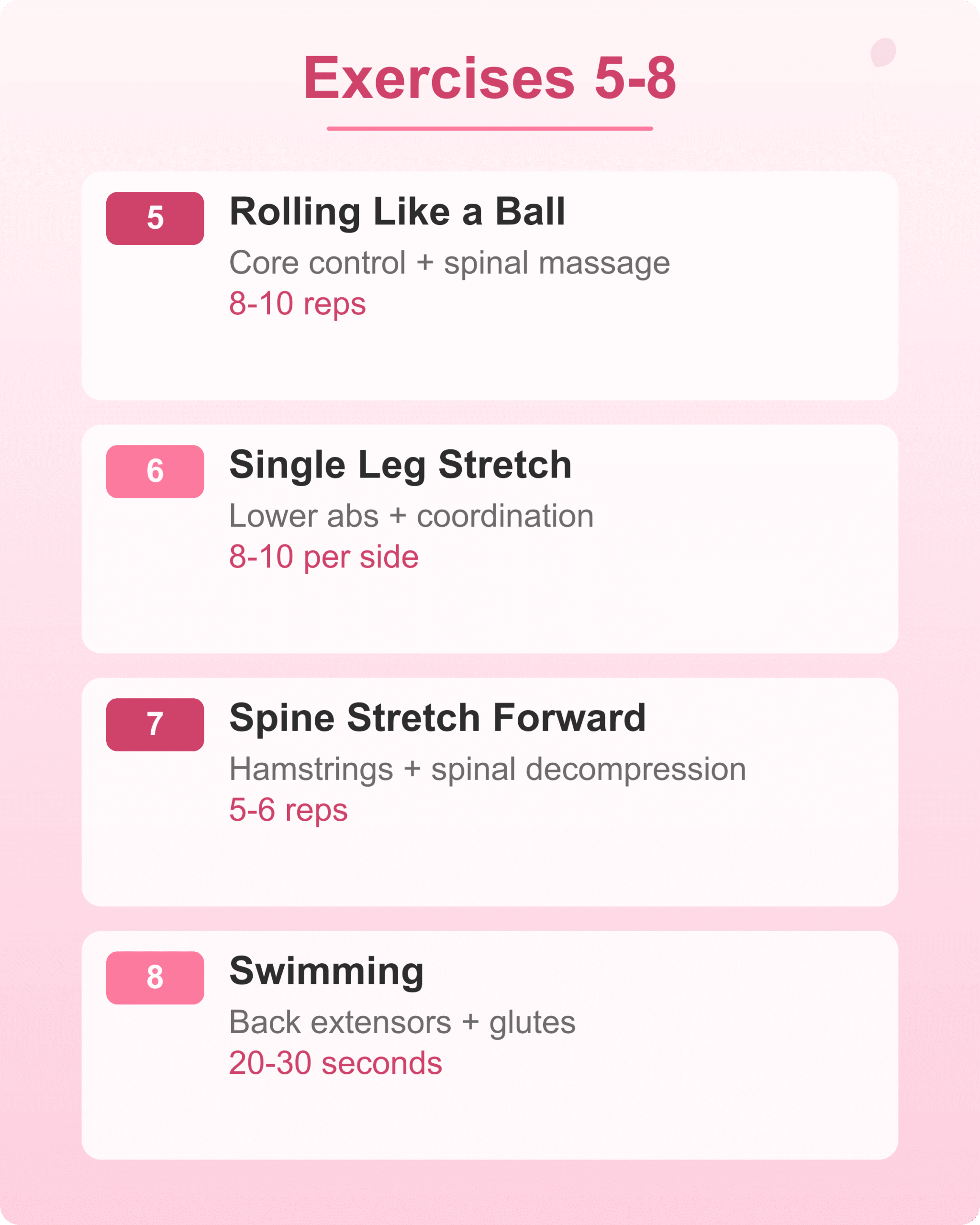 Mat Pilates Exercises 5-8 Mat pilates exercises 5 through 8 for beginners with reps and muscle targets