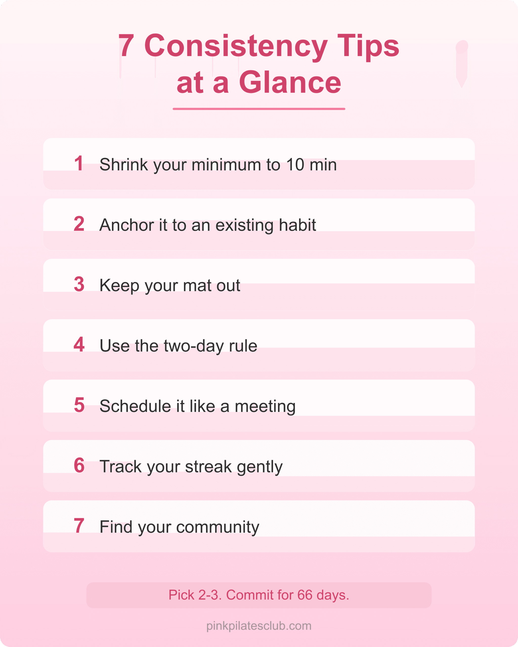 7 Pilates Consistency Tips Overview Seven pilates consistency tips listed as a visual overview