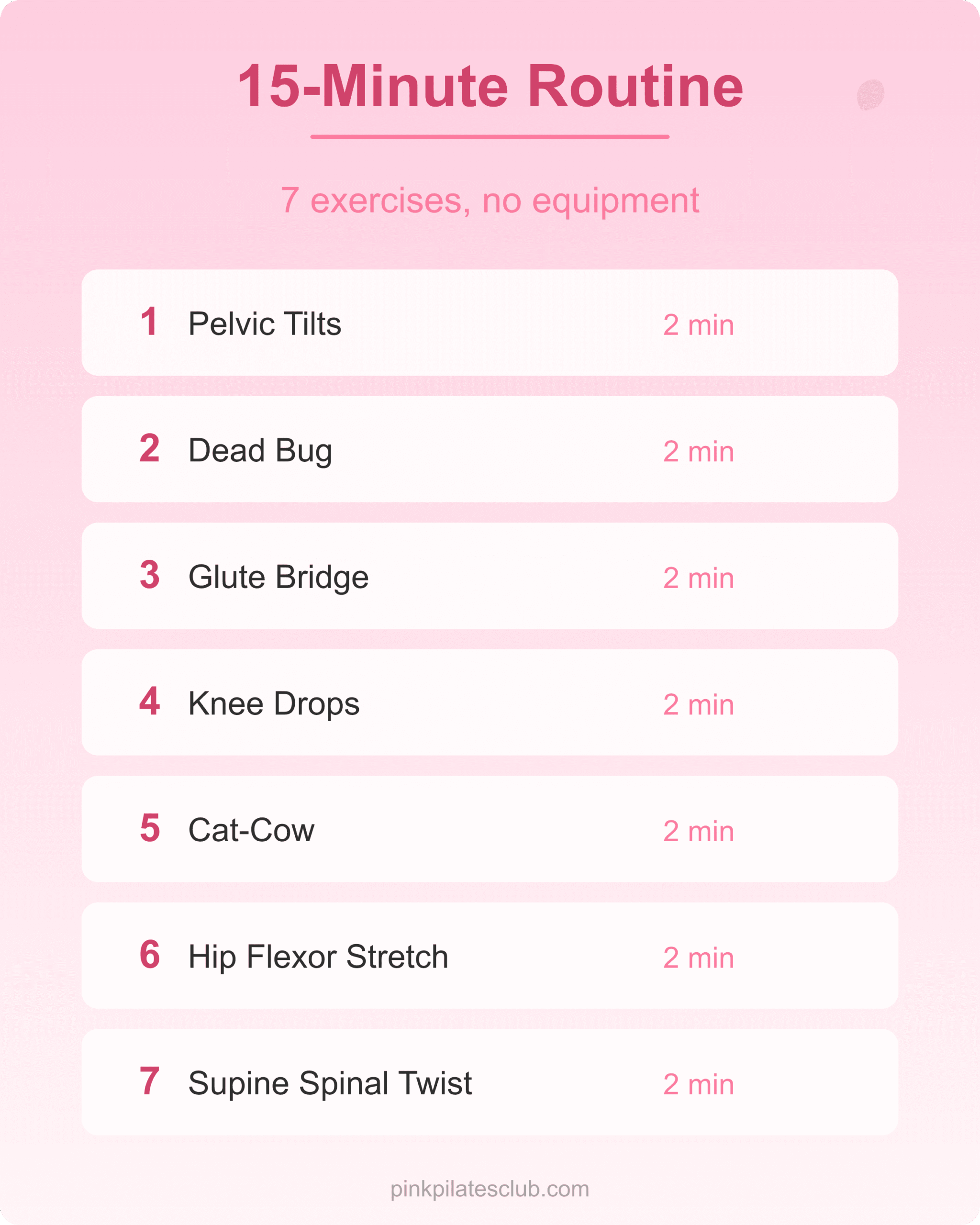 15-minute pilates for lower back pain routine listing all 7 exercises