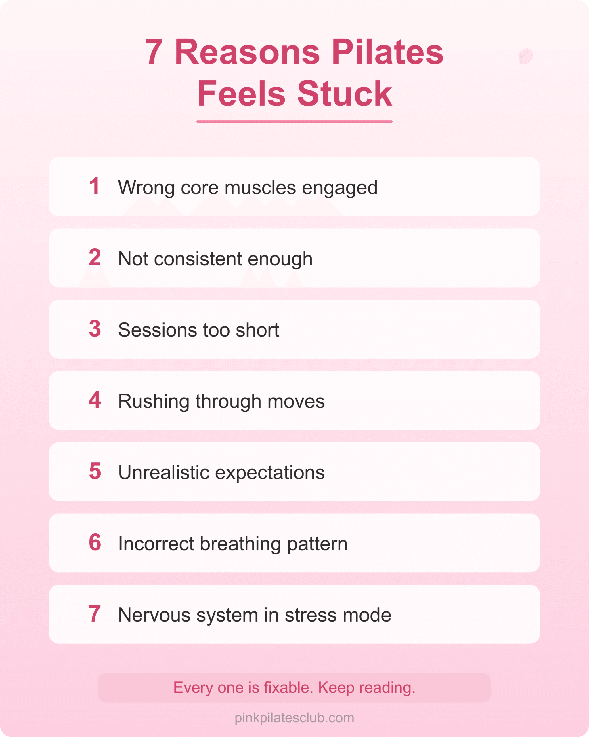 Seven reasons pilates is not working listed as a visual checklist