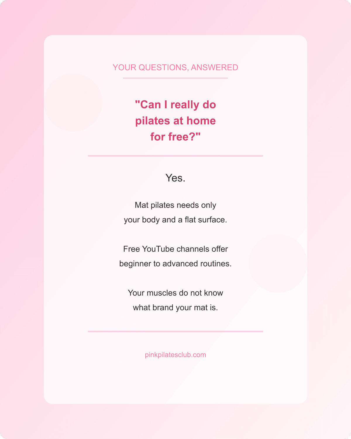 Pink Pilates Princess Budget FAQ Pink pilates princess FAQ card answering if home pilates is free