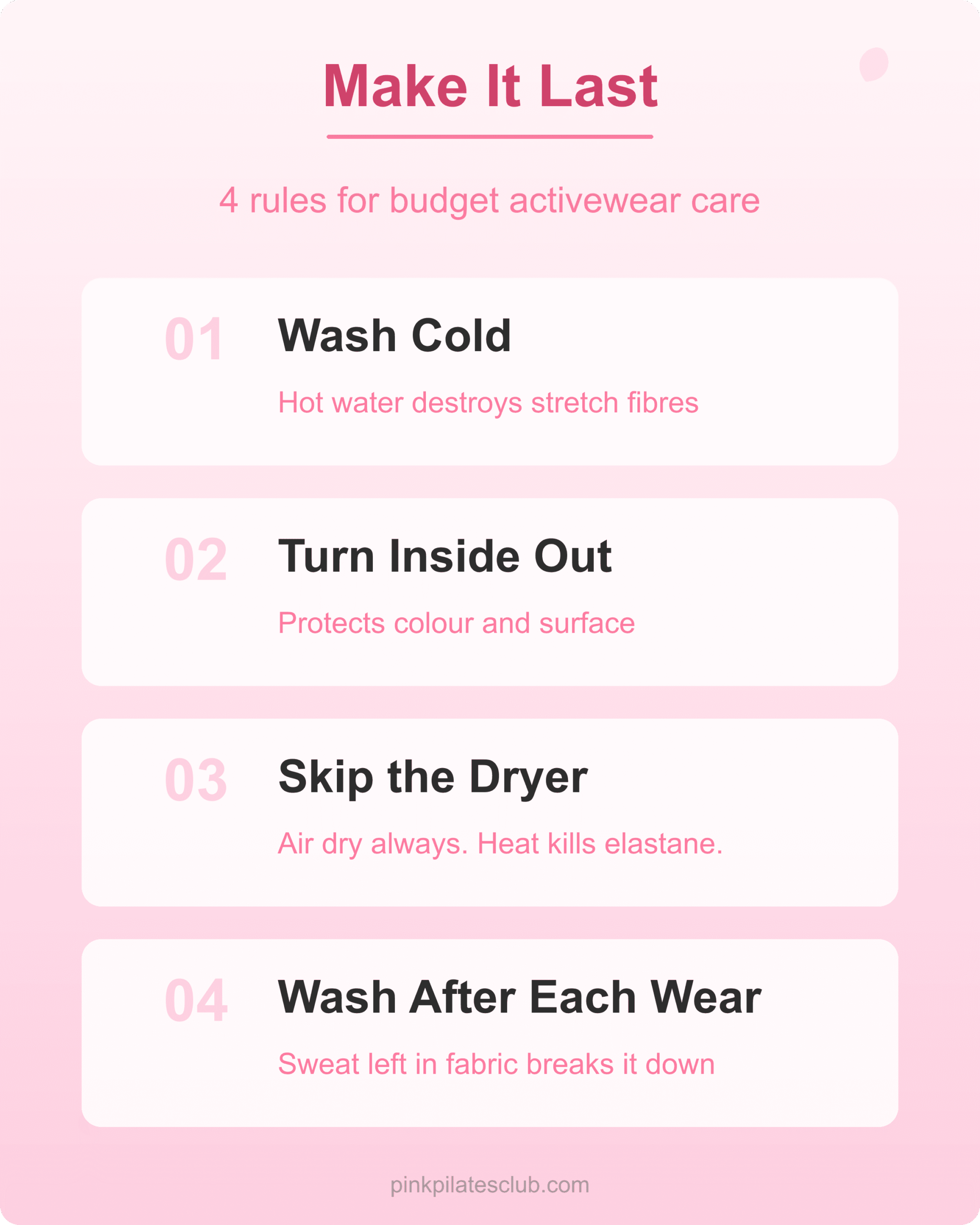 Budget Activewear Care Tips Four care tips to make budget pink pilates princess outfits last
