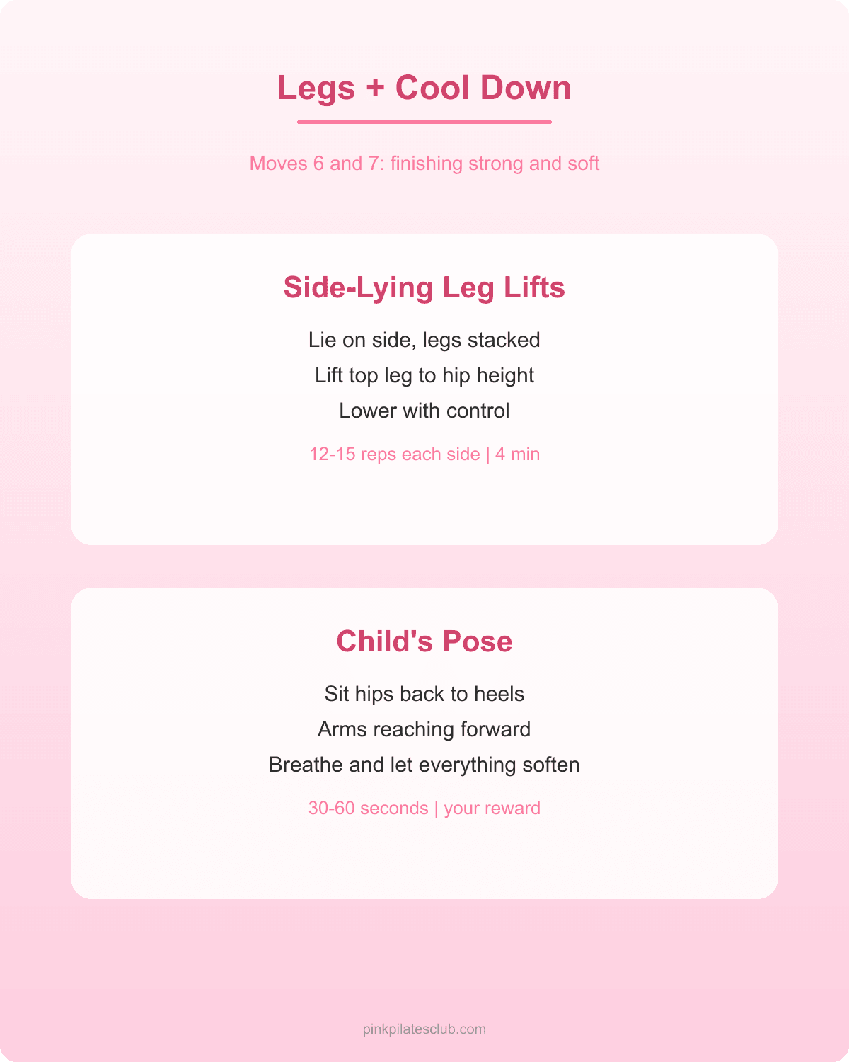 Pink Pilates Princess Leg Exercises and Cooldown Side leg lifts and child's pose instructions for beginner pilates cooldown