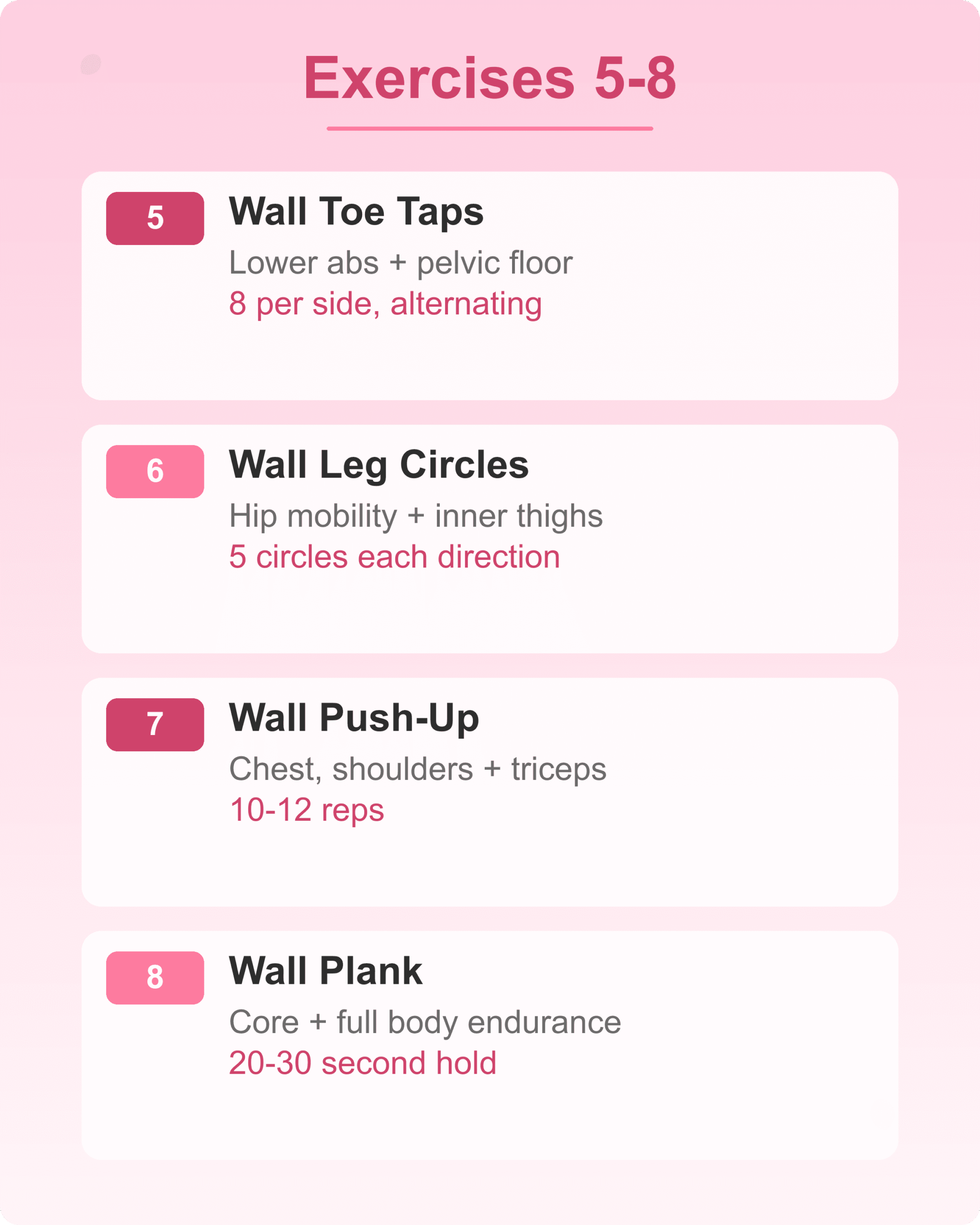 Wall Pilates Exercises 5-8 Wall pilates exercises 5 through 8 for beginners with reps and muscle targets