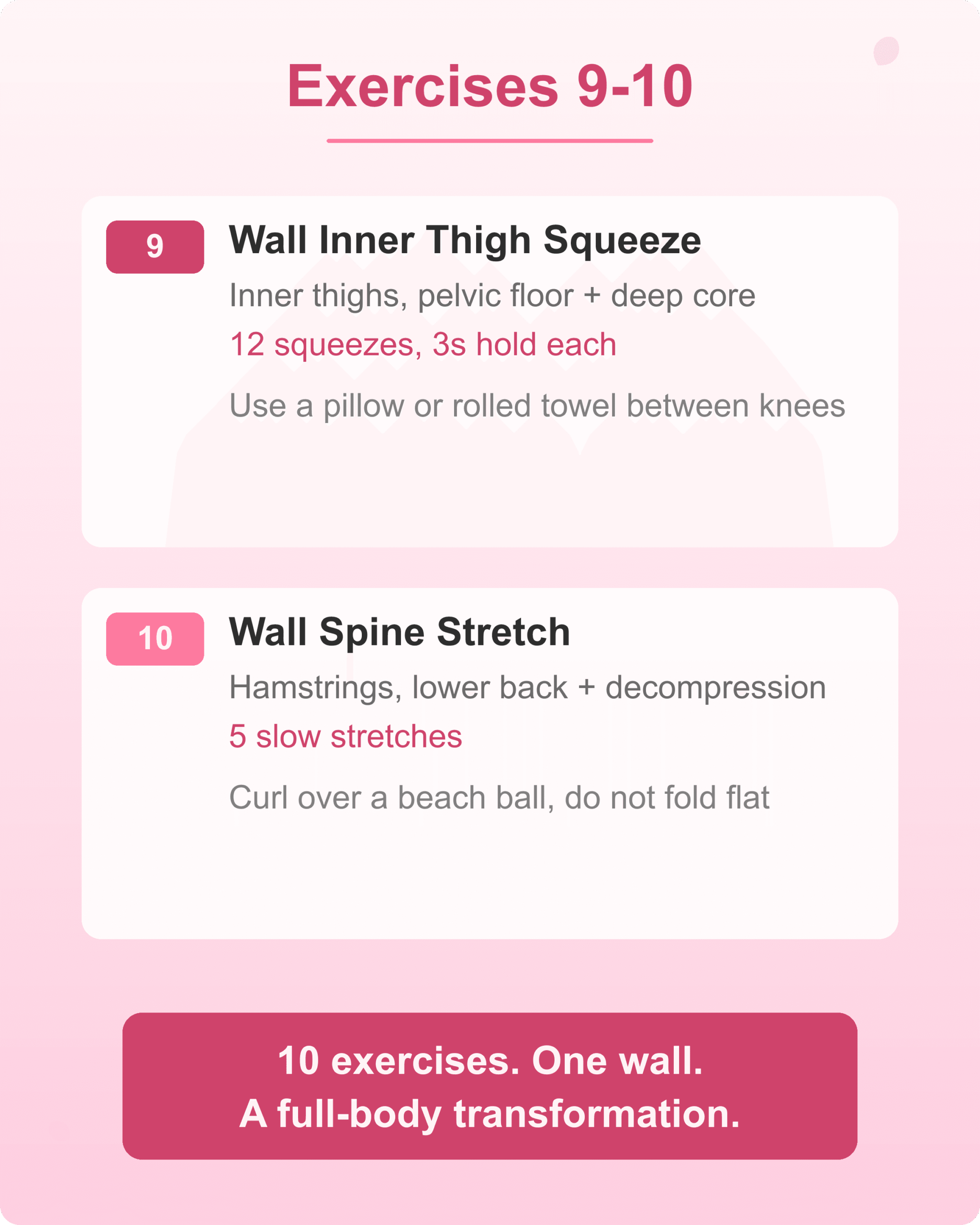 Wall Pilates Exercises 9-10 Wall pilates exercises 9 and 10 for beginners inner thigh squeeze and spine stretch
