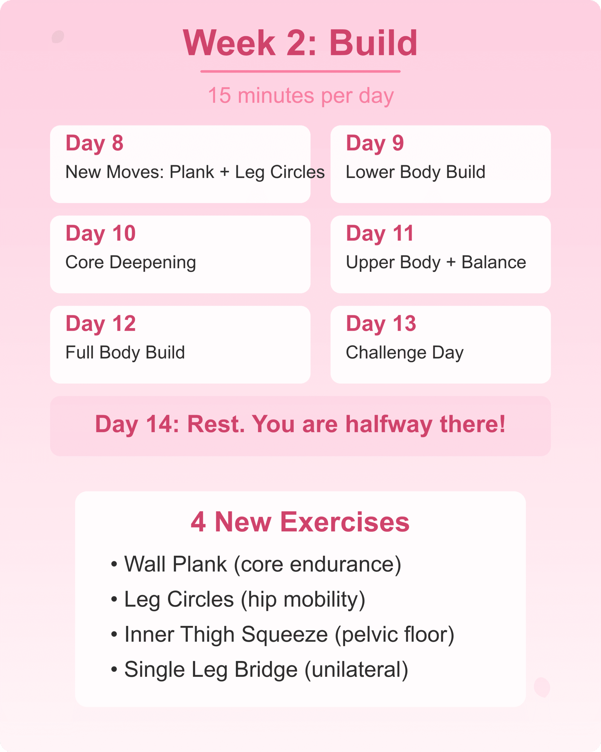 Week 2 build plan for the 28-day wall pilates challenge with daily workouts
