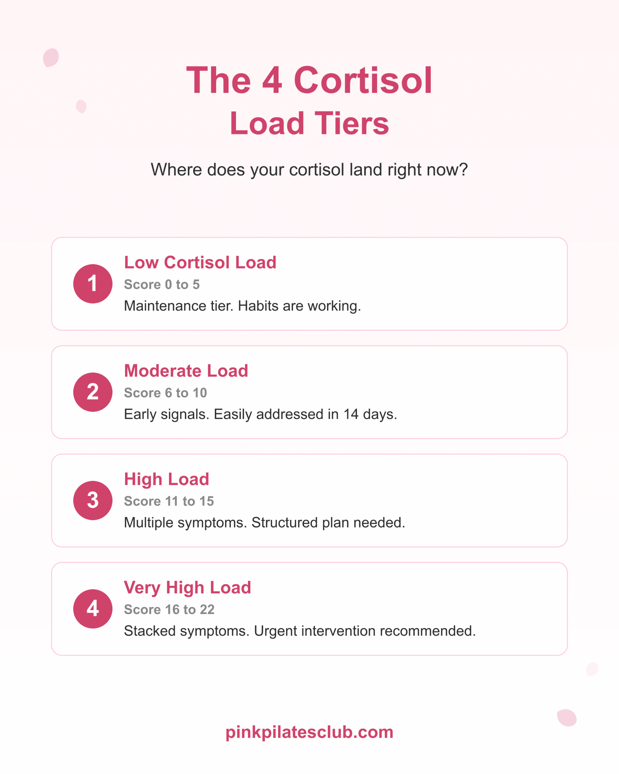 The 4 cortisol load tiers: low, moderate, high, very high. Each with score range and severity description.