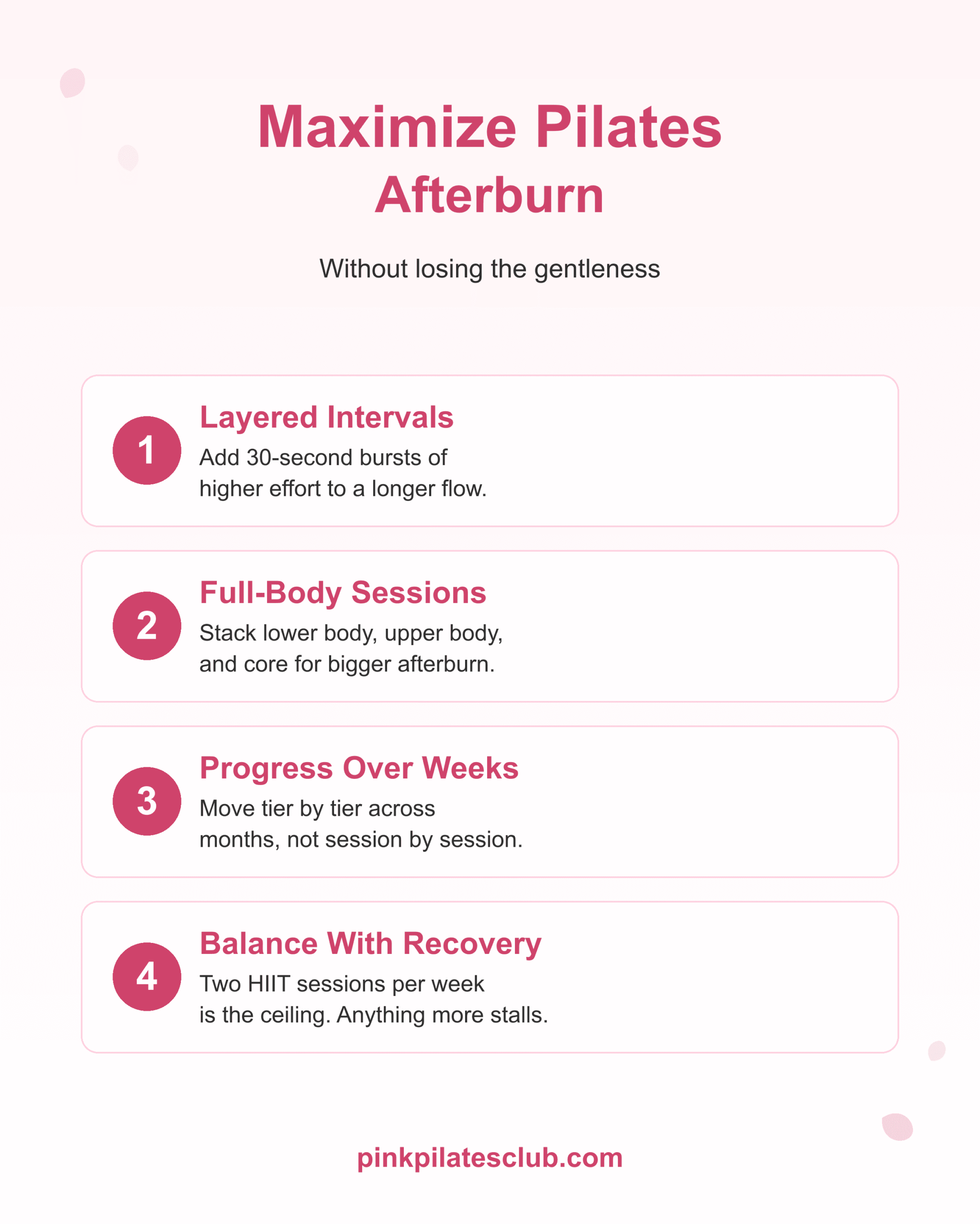 How to maximize pilates afterburn without losing the gentleness. Layered intervals, full-body sessions, progress over weeks, balance with recovery.