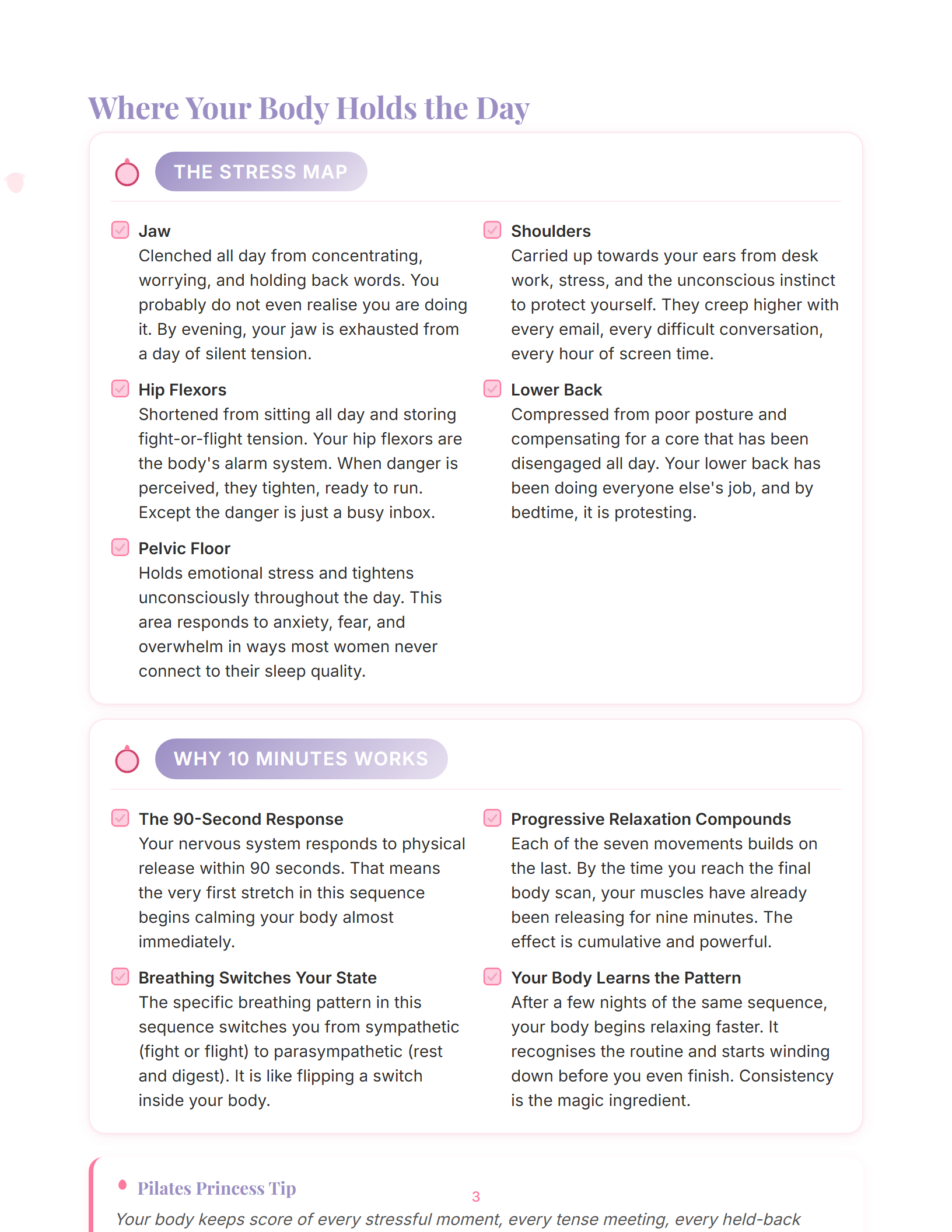 Sample magazine spread from The 10-Minute Bedtime Pilates Reset (page 3)