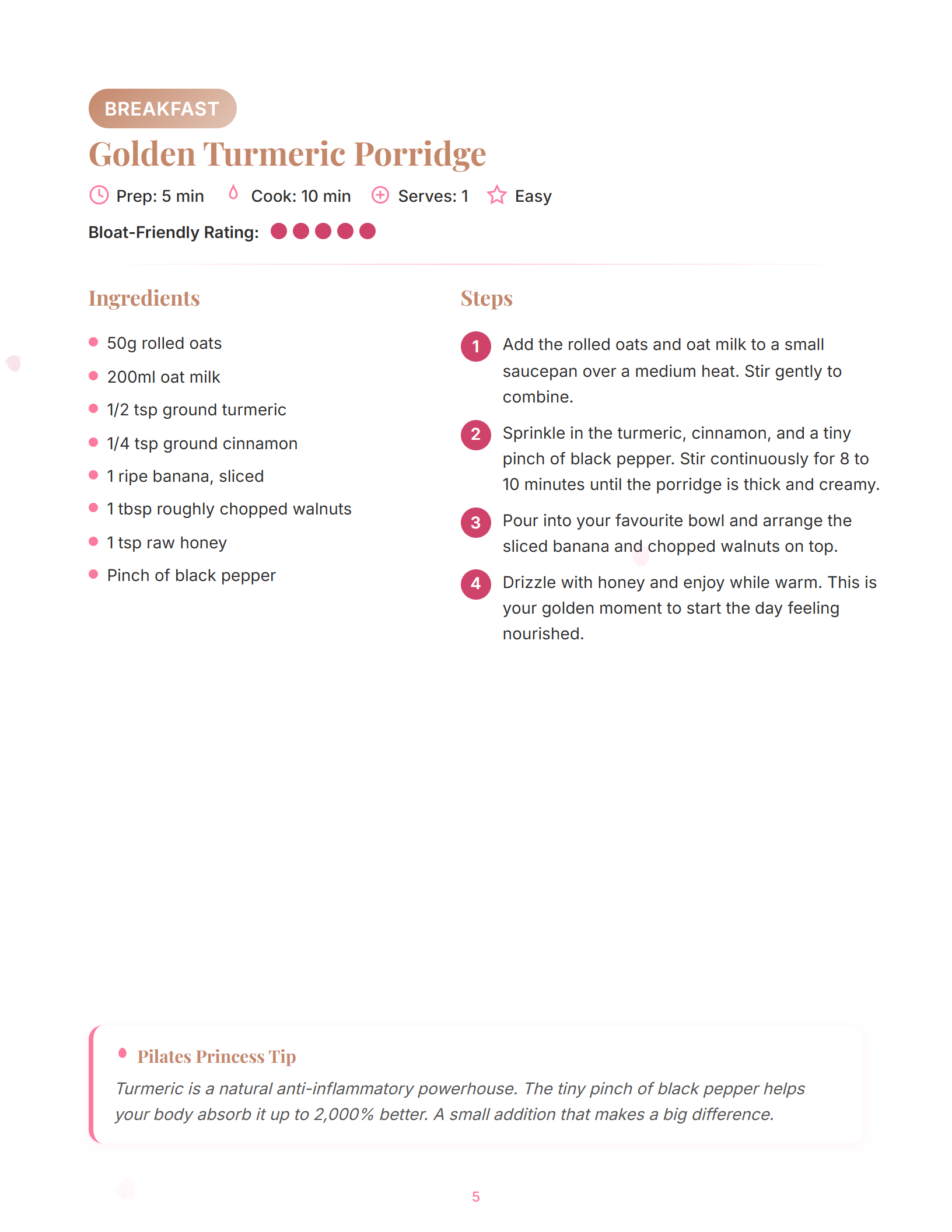 Breakfast recipe card from the Pink Pilates Recipe Cards