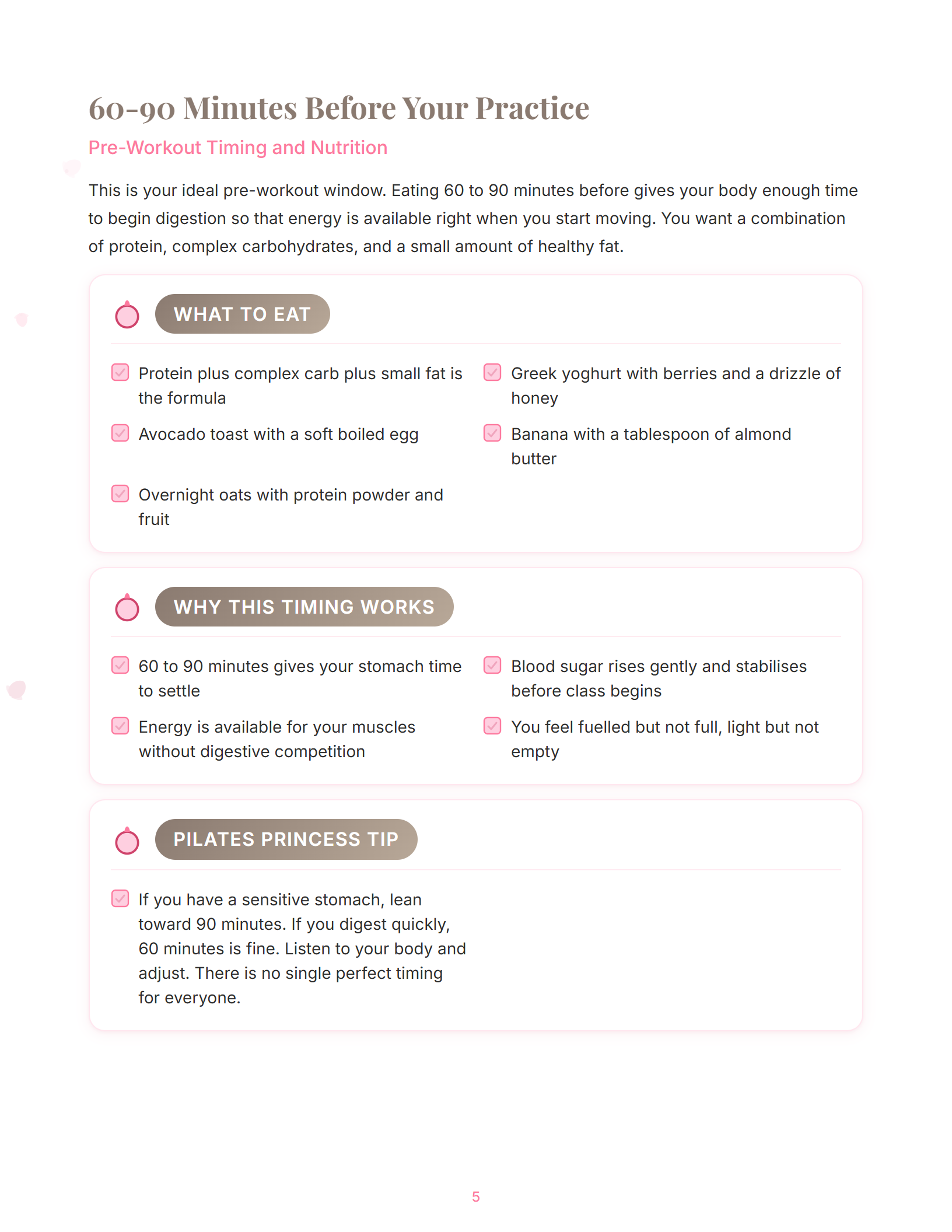 Pre-workout timing guide spread from the Pre and Post Workout Nutrition Guide