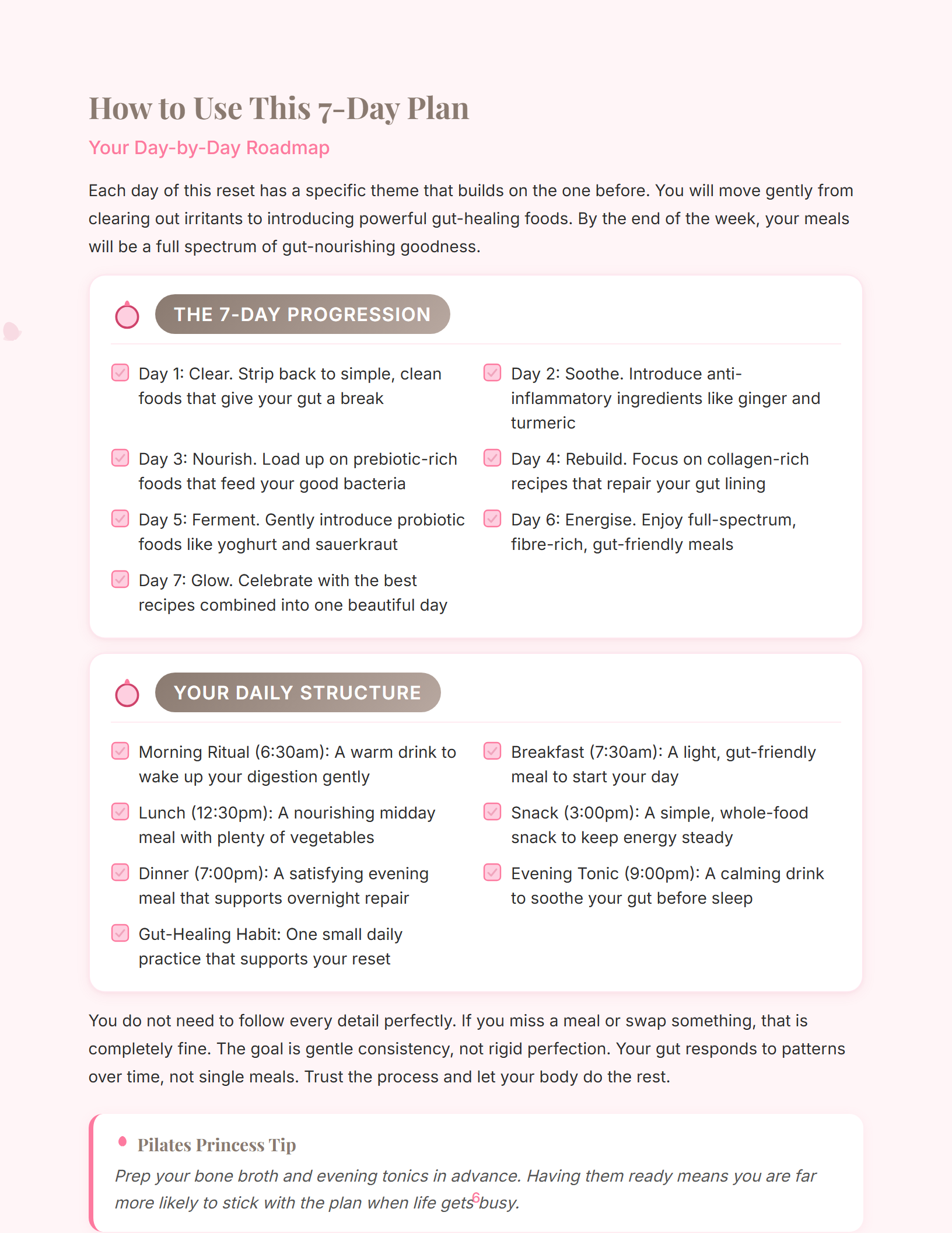 Sample magazine spread from Pink Pilates 7-Day Gut Reset (page 6)