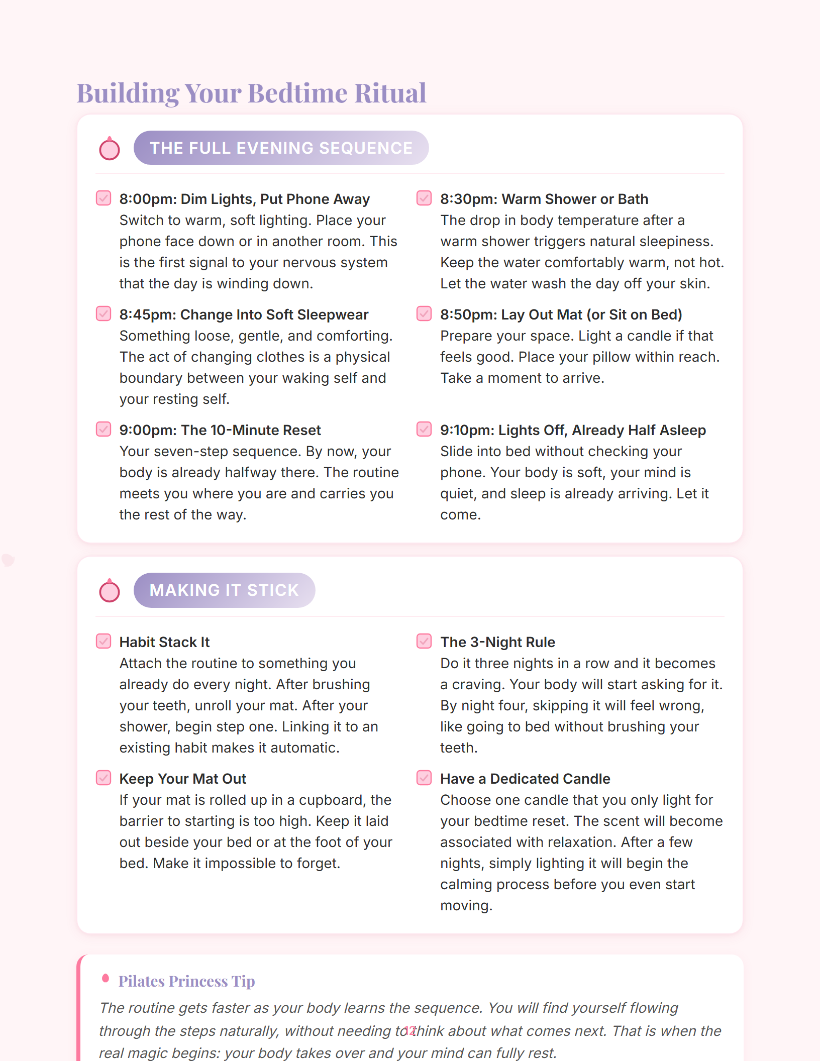 Sample magazine spread from The 10-Minute Bedtime Pilates Reset (page 12)