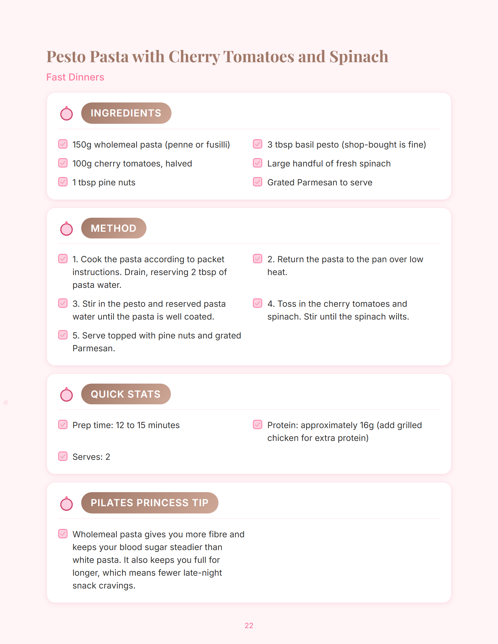 Sample magazine spread from The Pilates 15-Minute Meal Prep Guide (page 22)