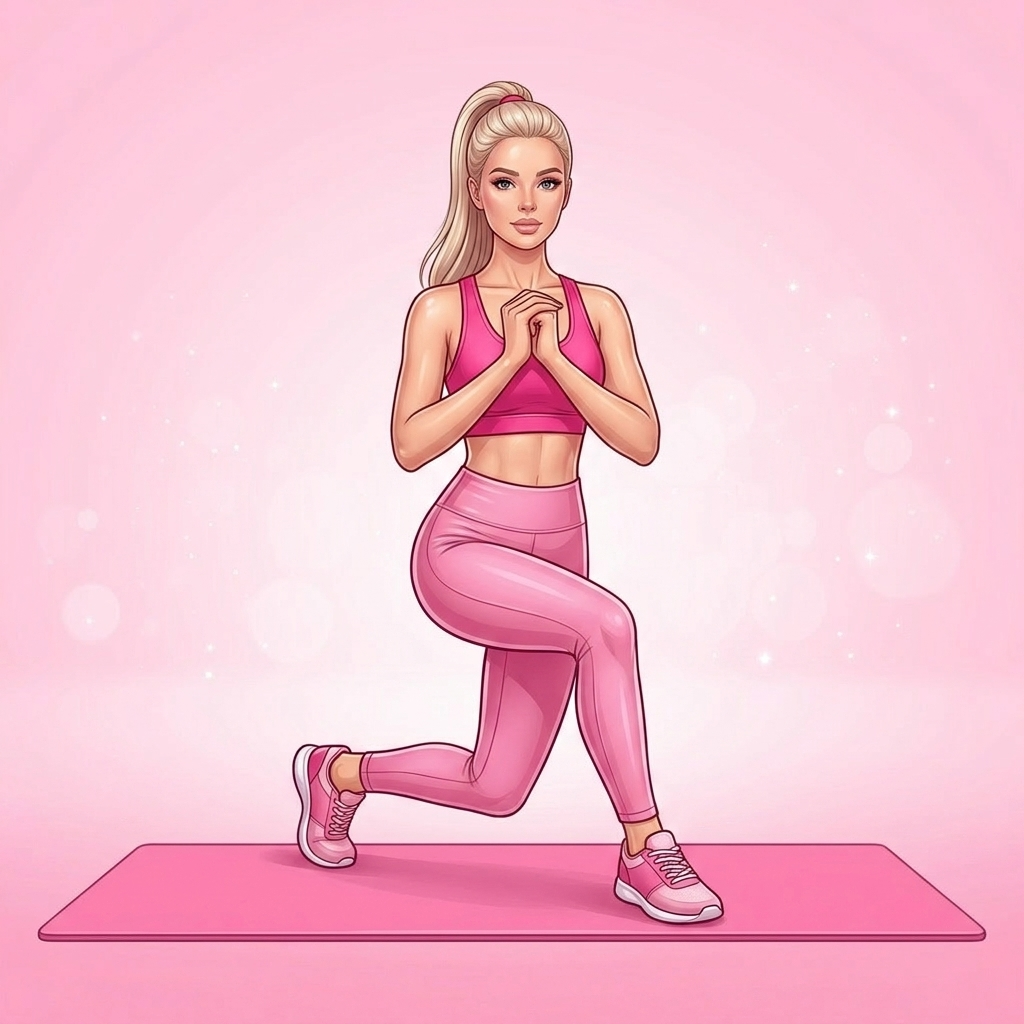 Illustration of Curtsy Lunge Pilates exercise, Pink Pilates Club