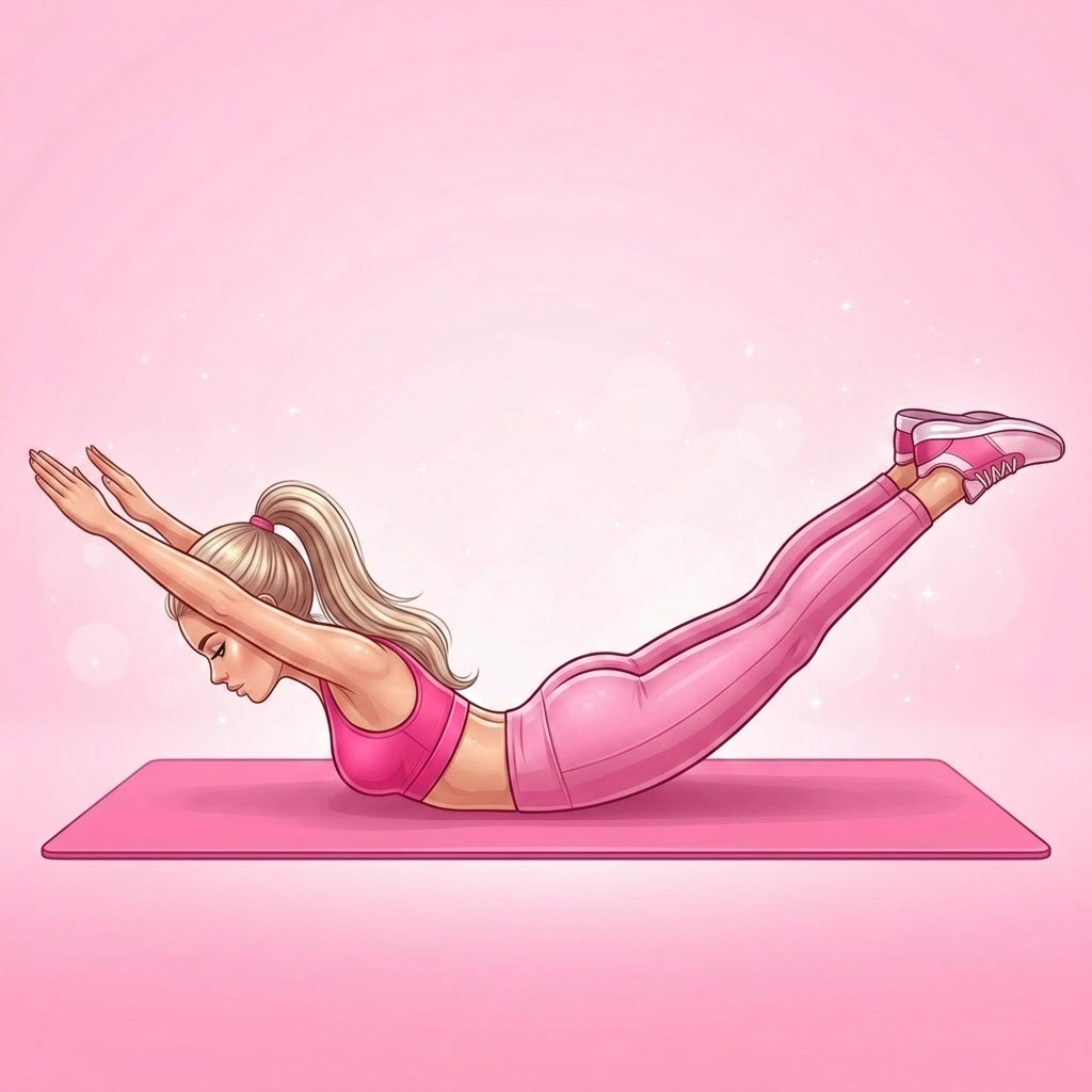 Illustration of Prone Hip Extension Pilates exercise, Pink Pilates Club