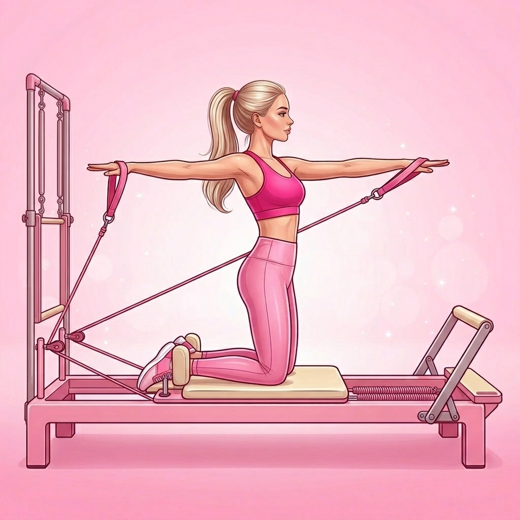 Illustration of Kneeling Chest Expansion Pilates exercise, Pink Pilates Club