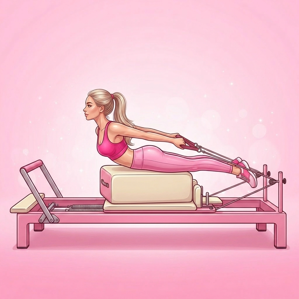 Illustration of Pull Straps on Long Box Pilates exercise, Pink Pilates Club
