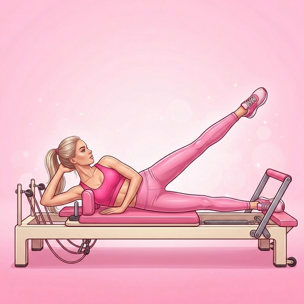 Illustration of Side-Lying Leg Work Pilates exercise, Pink Pilates Club