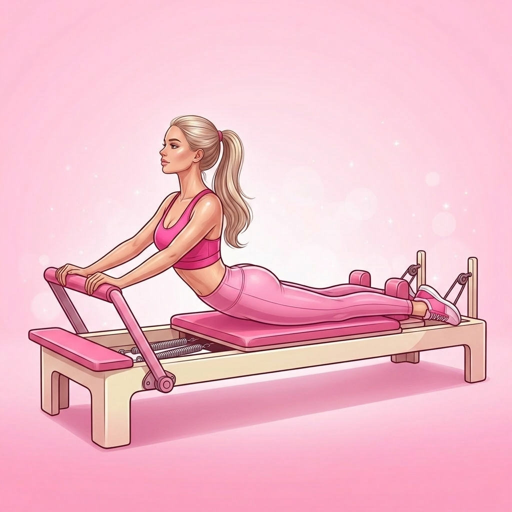 Illustration of Swan on Reformer Pilates exercise, Pink Pilates Club