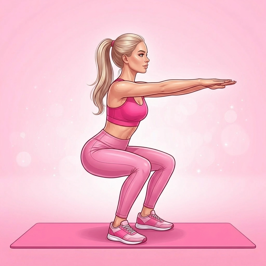 Illustration of Squat to Stand Pilates exercise, Pink Pilates Club