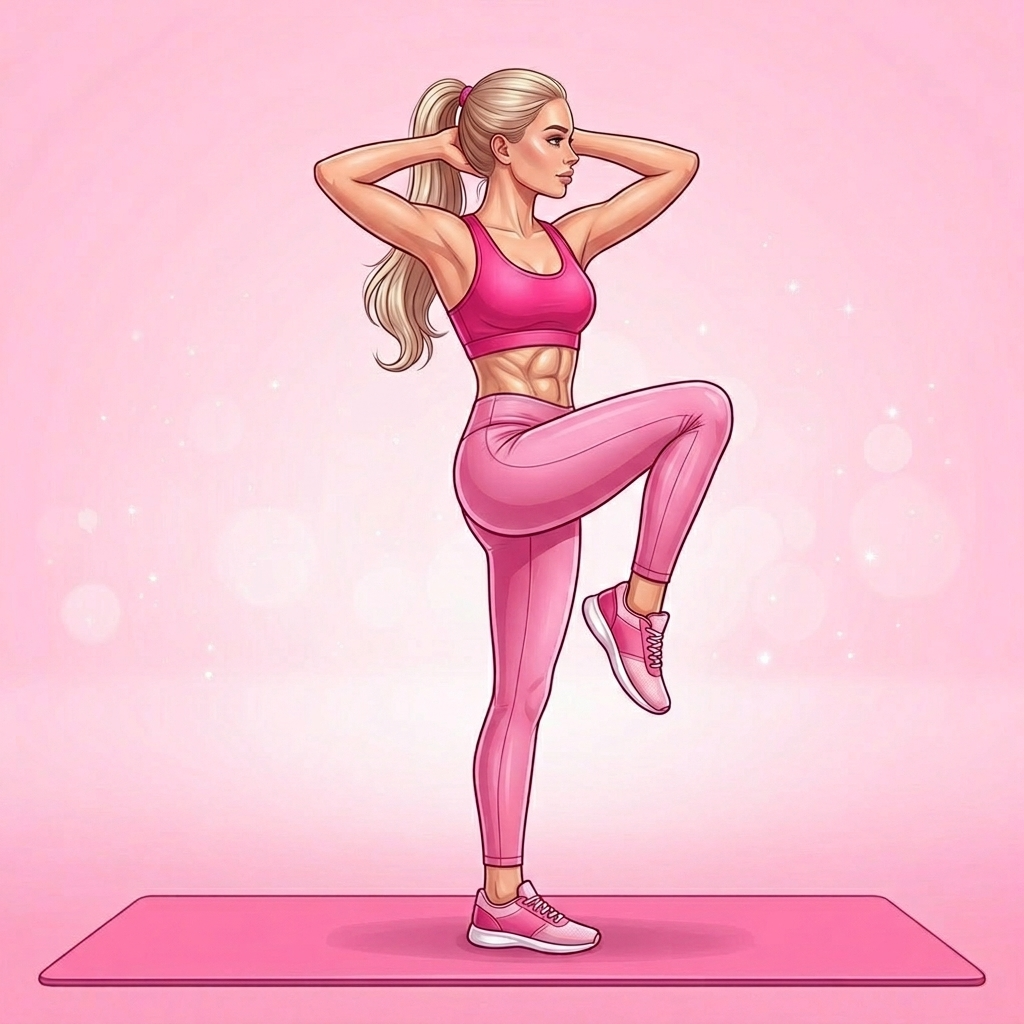 Illustration of Standing Oblique Crunch Pilates exercise, Pink Pilates Club