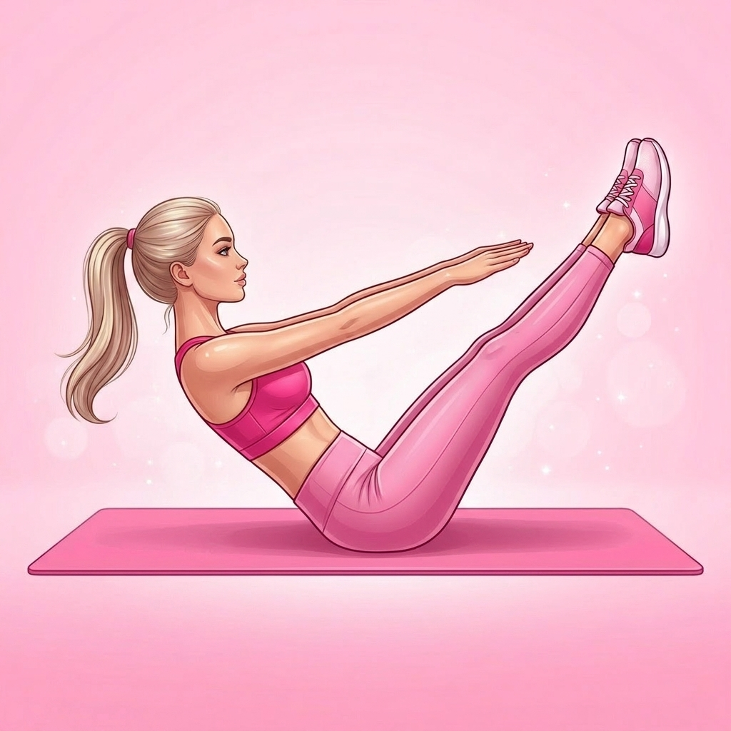 Illustration of Teaser with Hold Pilates exercise, Pink Pilates Club
